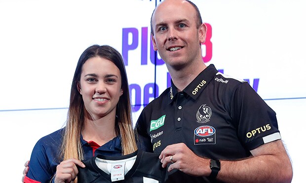 AFL 2017 Media - NAB AFLW Draft Collingwood coach Wayne Siekman poses for a photo with Chloe Molloy during last year's NAB AFLW Draft - AFLW,Collingwood Magpies,Collingwood